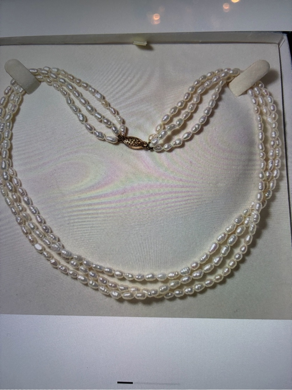 Triple Strand Pearl Necklace in White Pearls with 14k Gold Clasp